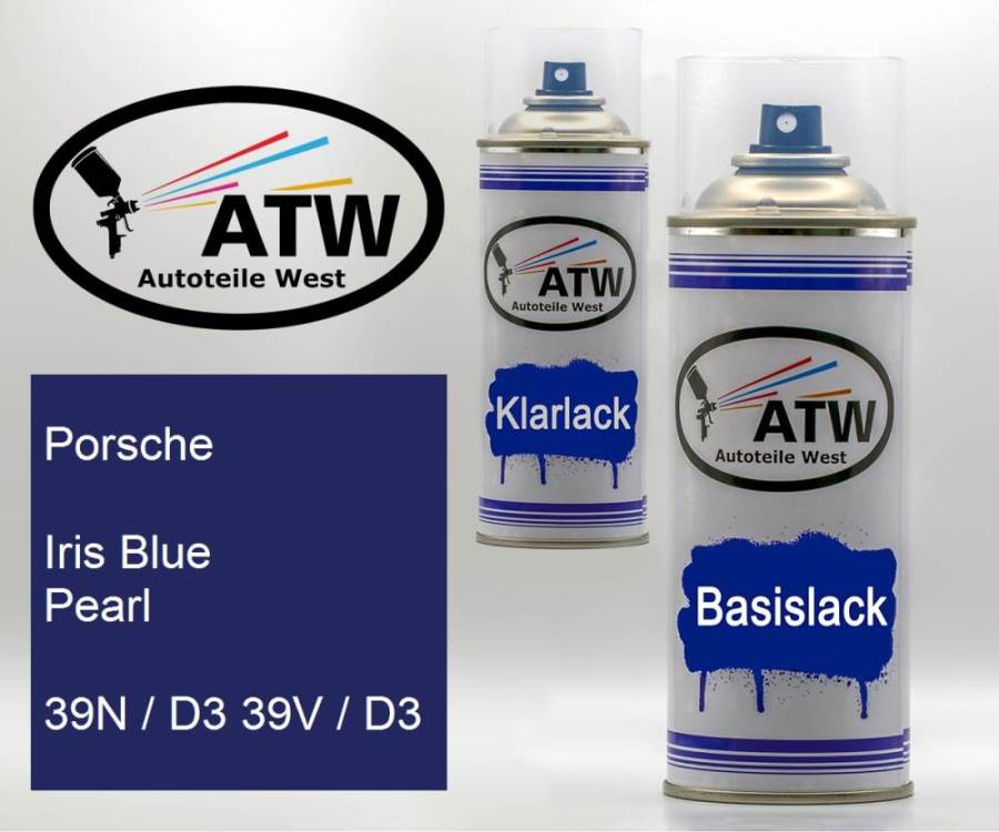 Porsche, Iris Blue Pearl, 39N / D3 39V / D3: 400ml Sprühdose + 400ml Klarlack - Set, von ATW Autoteile West.